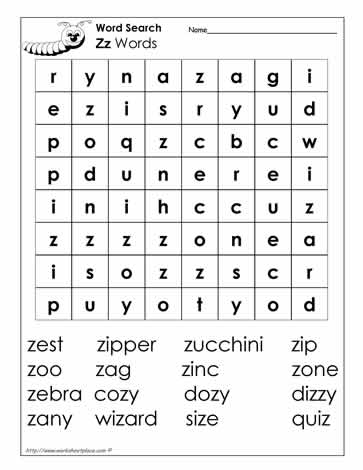 Words Beginning with Z Wordsearch